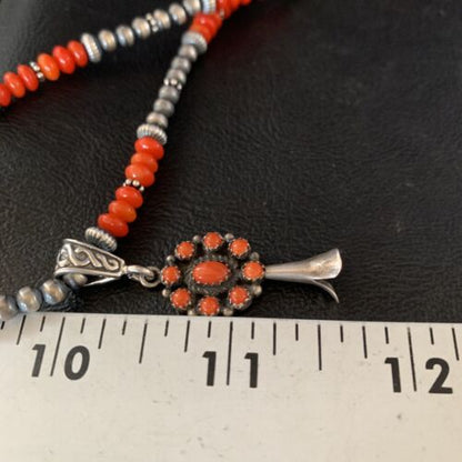 Authentic Navajo Red Coral Naja Pendant Necklace | Sterling Silver | Southwestern Style | 13881