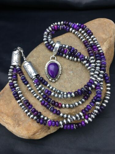 Navajo Pearls Sugilite Bead Necklace Pendant Set | 3-Strand Sterling Silver | 21" | 2885