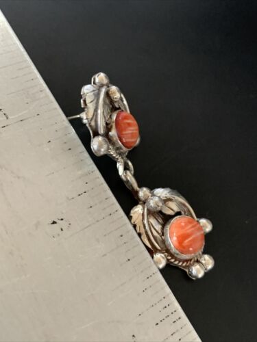 Native American Handmade Navajo Red Spiny Oyster Dangle Earrings | Sterling Silver | 2065