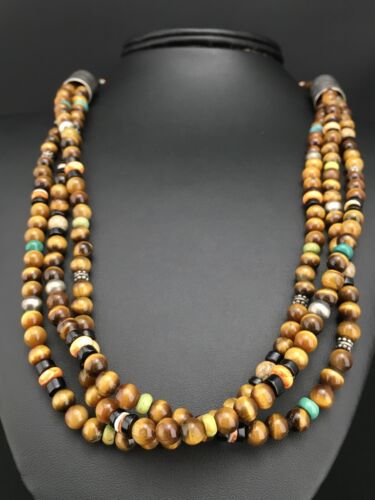 Navajo Sterling Necklace | Tiger's Eye & Turquoise | Multi-Color 3 Strand | 18" | 4892