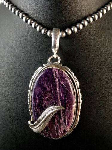 Navajo Charoite Feather Pendant | Sterling Silver Pearls Necklace | Authentic Native American Handmade | 8739