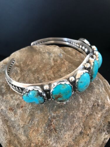 Navajo 7 Stone Turquoise Bracelet by Platero | Sterling Silver | Authentic Native American Handmade | 8309