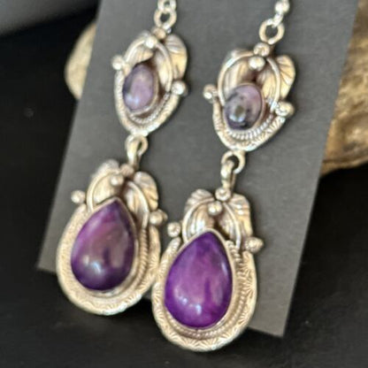Navajo Purple Sugilite Dangle Earrings | Sterling Silver | 2" | Authentic Native American Handmade | 14461