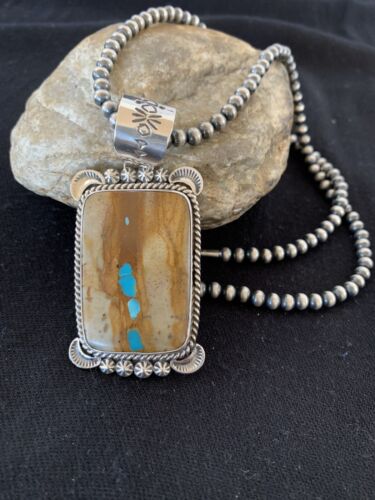 Men's Navajo Pearls Necklace with Boulder Turquoise Pendant | Sterling Silver | Authentic Native American Handmade | 293