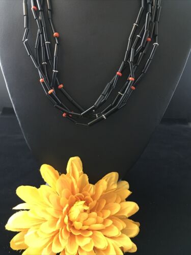 Navajo Black Onyx Coral Turquoise Bead Necklace | 5 Strand Sterling Silver | 19" | 10038