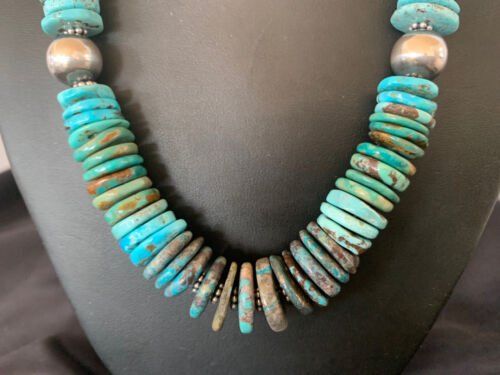 Navajo Blue Green Turquoise Necklace | Sterling Silver | Authentic Native American | 20" | Graduated | 11885