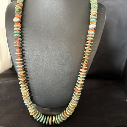 Navajo Turquoise & Red Spiny Oyster Necklace | Sterling Silver | Authentic Native American | 32" | 14382