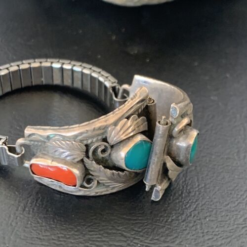 Navajo Sterling Silver Watch Tips | Old Pawn Turquoise & Coral Band | Authentic Native American Jewelry | 11931