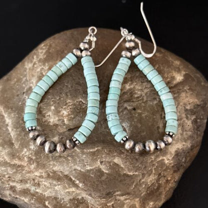 Navajo Blue Turquoise Heishi Dangle Earrings | Sterling Silver | 2" | Authentic Native American Handmade | 14363