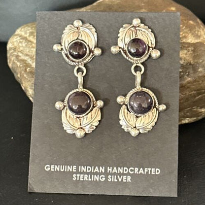 Navajo Purple Sugilite Post Dangle Earrings | Sterling Silver | Authentic Native American Handmade | 1597