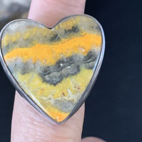 Navajo Sterling Silver Yellow Heart Bumble Bee Jasper Ring | Sz 8 Adjustable | Handmade Jewelry | 14023