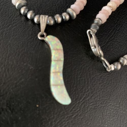 Navajo Pink Opal Beads Necklace Multi-Stone Mother of Pearl Inlay Pendant | Sterling Silver | 13458
