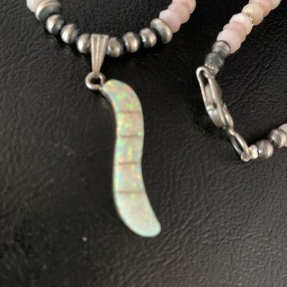 Navajo Pink Opal Beads Necklace Multi-Stone Mother of Pearl Inlay Pendant | Sterling Silver | 13458