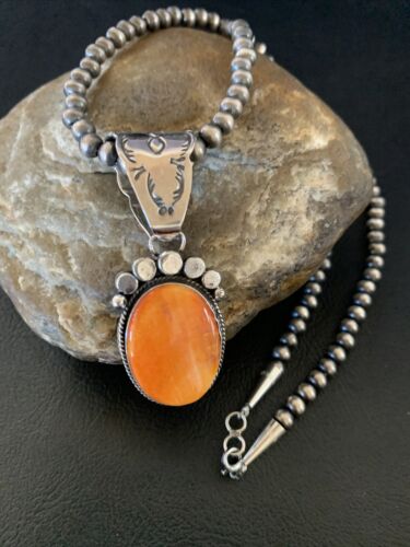Navajo Orange Spiny Oyster Pendant Necklace | Sterling Silver | Authentic Native American Handmade | 13081