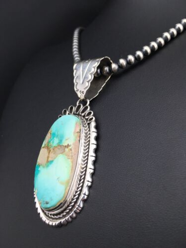 Royston Turquoise Pendant | Navajo Pearls Sterling Silver Necklace | Authentic Native American Handmade | 4820