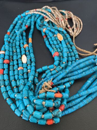 Southwestern Santo Domingo Coral Spiny Blue Turquoise Jacla Necklace | 32" | Native American Handmade | 12047
