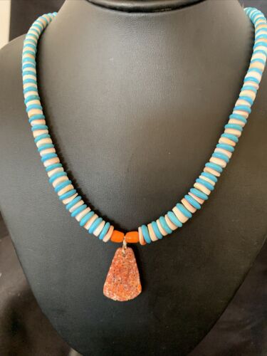 Santo Domingo Shell Pendant | Spiny Oyster & Blue Turquoise | 20" Necklace | Navajo | 12521