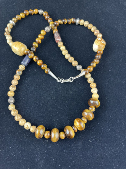 Women's Graduated Tigers Eye & Picture Jasper Necklace | Sterling Silver | Authentic Native American | 24" | 10075