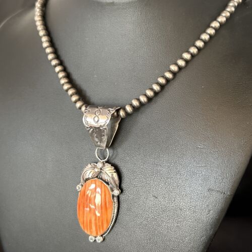 Navajo Pearls Orange Spiny Oyster Necklace Pendant | Sterling Silver | Authentic Native American Handmade | 14717