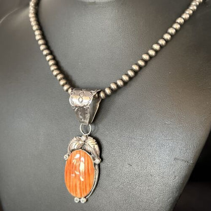 Navajo Pearls Orange Spiny Oyster Necklace Pendant | Sterling Silver | Authentic Native American Handmade | 14717