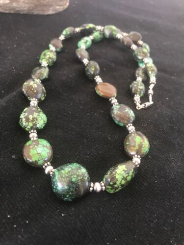 Navajo Green Spiderweb Turquoise Nugget Necklace | Sterling Silver | 22" | Authentic Native American Handmade | 3214