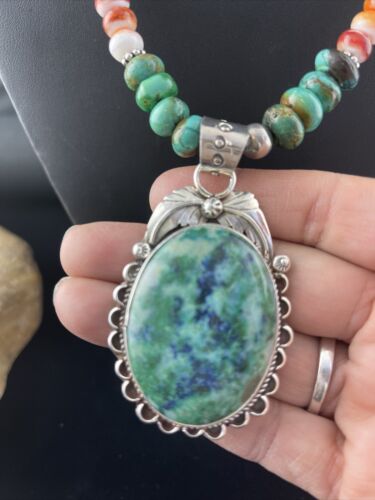 Men's Navajo Sterling Silver Necklace | Spiny Oyster & Turquoise | Moss Agate Pendant | Native American | 01625