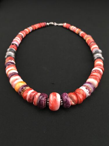 Navajo Sterling Silver Graduated Spiny Oyster Necklace | Authentic Native American | 18" | 4855