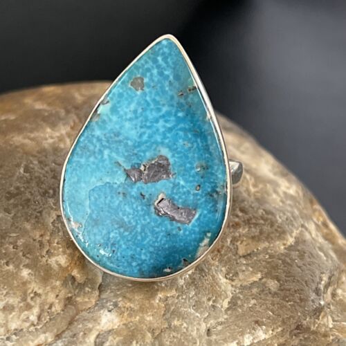 Navajo Blue Kingman Turquoise Ring | Sterling Silver | Sz 10 | Teardrop | Authentic Native American Handmade | 10508