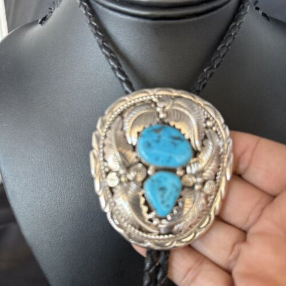 Native American Men's Bolo Tie | Blue Kingman Turquoise | Sterling Silver | Navajo Handmade | 14279
