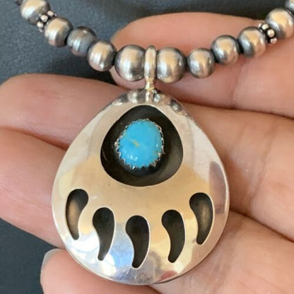 Navajo Bear Paw Pendant Necklace | Sterling Silver | Blue Turquoise | Men's | Authentic Native American Handmade | 12550