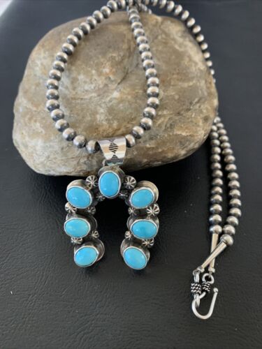 Navajo Sterling Silver Blue Turquoise Squash Blossom Necklace with Naja Pendant | 02011