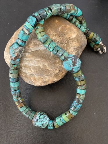 Chunky Men's Navajo Spiderweb Turquoise Heishi Necklace | Sterling Silver | 21" | 124504