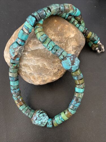 Chunky Men's Navajo Spiderweb Turquoise Heishi Necklace | Sterling Silver | 21" | 124504 - Masha USA