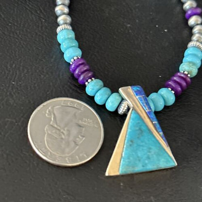 Navajo Blue Turquoise Sugilite Pendant | Sterling Silver Inlay Necklace | Authentic Native American Handmade | 14642