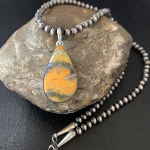 Navajo Yellow Bumblebee Jasper Pendant Necklace | Sterling Silver | Authentic Native American Handmade | 12807