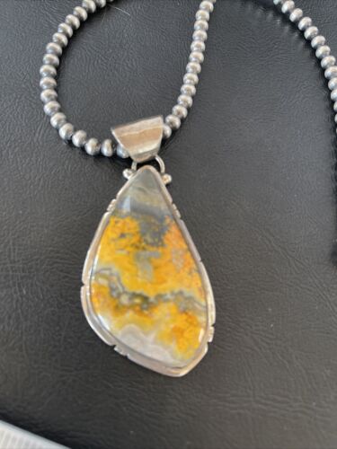 Men's Navajo Pearls Necklace with Bumblebee Jasper Pendant | Sterling Silver | Authentic Native American Handmade | 10556