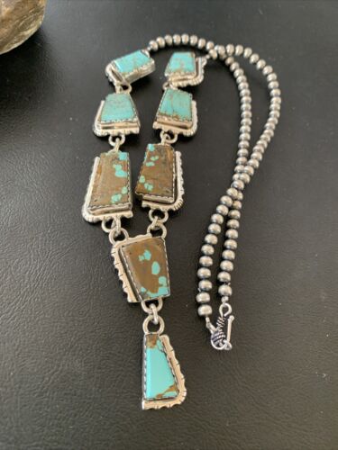 Navajo Handmade Turquoise Lariat Necklace | Long Sterling Silver Pendant | 02039