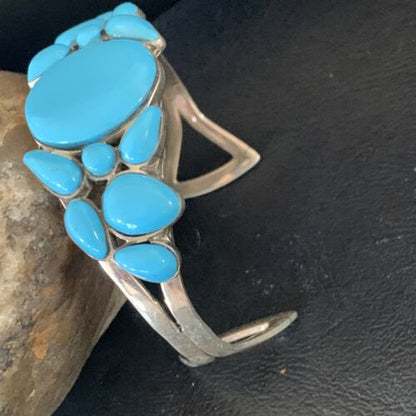 Navajo Sterling Silver Blue Kingman Turquoise Cuff Bracelet | 13 Stone | Authentic Native American Handmade | 12692