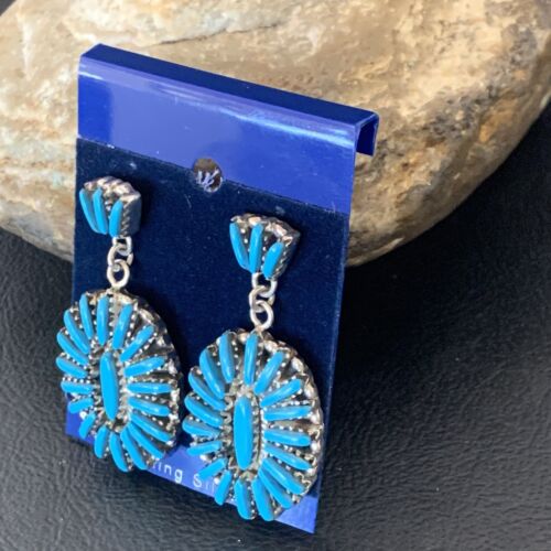 Zuni Handmade Kingman Turquoise Needle Point Dangle Earrings | Sterling Silver | 11663