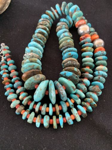 Navajo Sterling Silver Natural Blue Turquoise & Spiny Oyster Graduated Necklace | Authentic Native American | 28" | 331