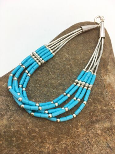 Blue Turquoise Heishi Liquid Silver Bracelet | Sterling Silver | 7" | 5-Strand | 13596