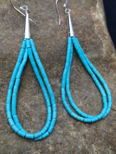 Native American Blue Turquoise Heishi Dangle Earrings | Liquid Sterling Silver | 4372