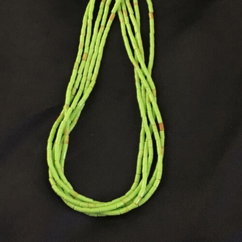 Native American Green Gaspeite Tube Heishi Necklace | 5 Strand | Sterling Silver | 19" | 10258