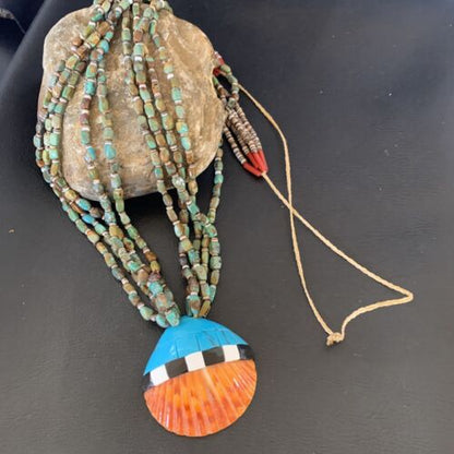 Native American Santo Domingo Shell Green Turquoise Necklace | 5 Strand | 38" | 12055 - Masha USA