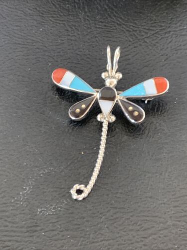 Zuni Turquoise Mother of Pearl Inlay Dragonfly Necklace Pin Pendant | Sterling Silver | 12322