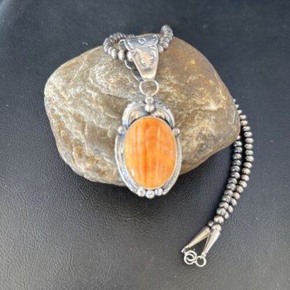 Navajo Pearls Orange Spiny Oyster Necklace Pendant | Sterling Silver | Authentic Native American Handmade | 14718