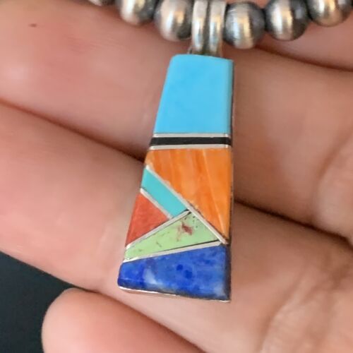 Navajo Sterling Silver Necklace | Blue Turquoise Coral Inlay Pendant | Southwestern |13841