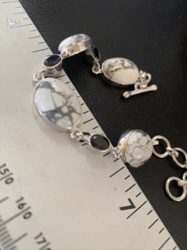 Native American Sterling Silver Smoky Quartz White Howlite Link Bracelet | 8" | 11656