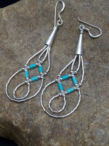 Navajo Blue Turquoise Tube Heishi Dangle Earrings | Sterling Silver | 2" | 3100