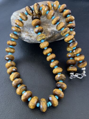 Southwestern Navajo Tigers Eye Necklace with Turquoise | Sterling Silver | 19" | 1496